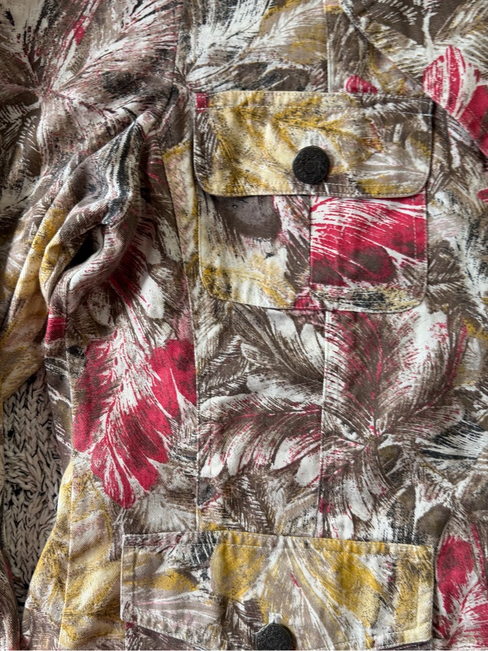 Chico's Multicolor Leaf-Print Jean Jacket — Brown, Red & Yellow - Picture 8 of 16